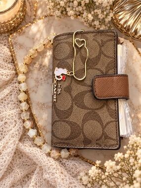 Coach Brown Signature Canvas Card Holder with Gold Heart Clip